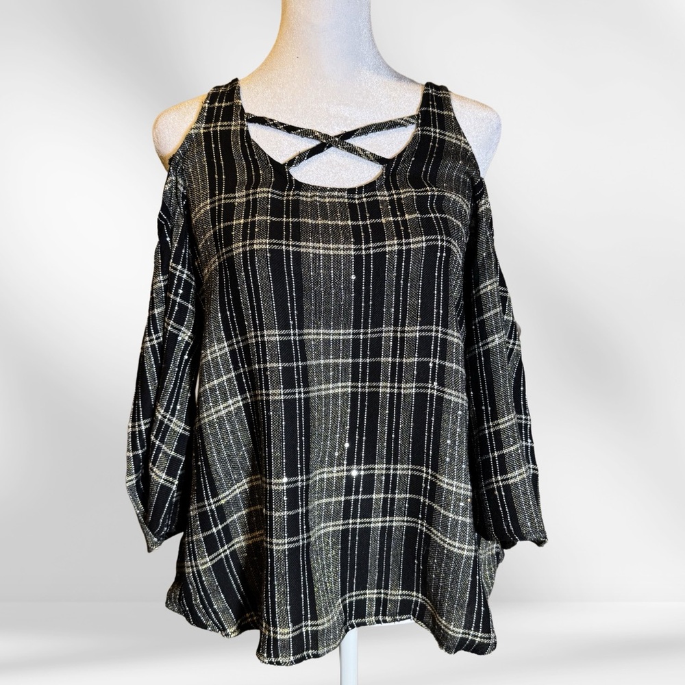 Shyanne Black Plaid Cold-Shoulder Top with Crisscross Neckline